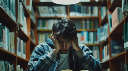 student man have anxiety because of exams, male prepare for test and learning lessons in the library. stress, despair, haste, misunderstanding reading, discouraged, expectation, knowledge, tired