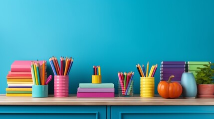 Vibrant back to school background with colorful pencils, books, and stationery arranged in a creative composition, school, education, creativity, stationery. - obrazy, fototapety, plakaty