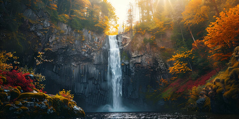 Photo scenic view of waterfall in forest during autumn 