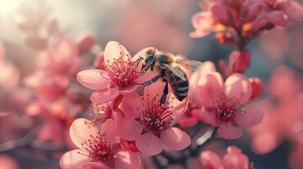 a bumble bee flies over the beautiful pink flower, a beautiful garden. Generated AI.  - obrazy, fototapety, plakaty