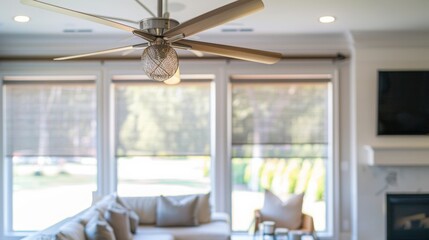 a living room.the rolling shade in the back of it in a insteresting way. the ceiling fan in the foreground, and the window with a smar roller shade in the background. - obrazy, fototapety, plakaty