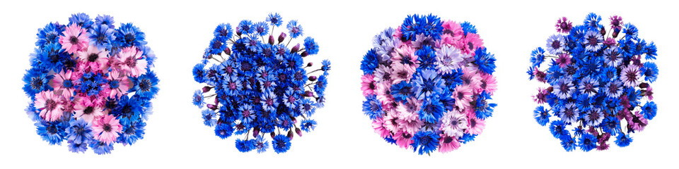 Four similar spherical clusters adorned with blue and pink accents against a gray background