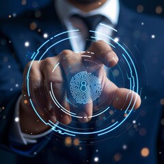 A businessman uses biometrics to enhance financial security and personal data access. Concept Biometrics, Financial Security, Personal Data Access, Business Innovation, Data Protection 