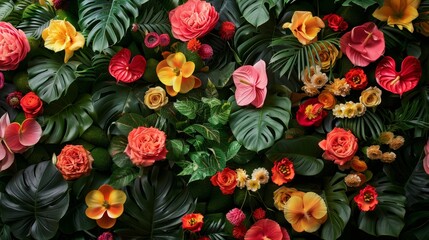 A rich tapestry of colorful tropical flowers interwoven with lush green foliage, creating an opulent botanical display.