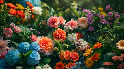 A rich tapestry of colorful tropical flowers interwoven with lush green foliage, creating an opulent botanical display.