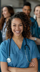 Group of happy mixed race doctors in a uniform are smiling in a hospital. World health day concept. Vertical Banner