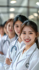 Group of asian doctors in a uniform are smiling in a hospital. World health day concept. Vertical Banner