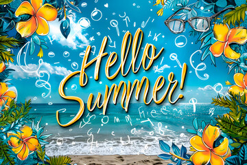 Summer day illustration with the text "Hello Summer!" in the middle of the image. Image with copy-space. Summertime concept. Banner.