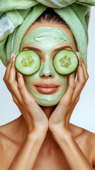 Beautiful woman with cucumber slices on her eyes and face mask on a white background. Rejuvenation and skin care concept. Vertical Banner