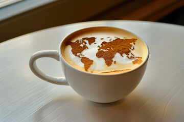 Latte coffee mug with foam in the shape of a world map. 