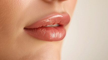 Beautiful female mouth close-up. Plump full lips. Cosmetology beauty injection procedure. Lip protection balm. Hygienic lipstick