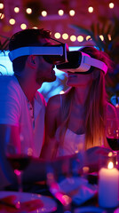 Couple in love wearing virtual reality glasses on a date in a restaurant. Technology and innovation concept. VR and Digital closeness. Romantic virtual world. Vertical Banner