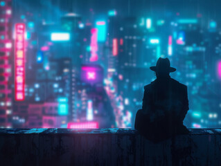 Lone mafia boss, cyberenhanced, overlooking neon cityscape, contemplative night