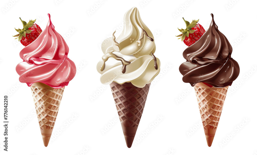 Poster strawberry swirl soft serve ice cream cone isolated on transparent background