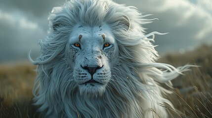 A majestic, handsome white lion with a flowing mane stands proudly, exuding strength, grace, and royal presence in a wild, natural landscape. Generated by AI.