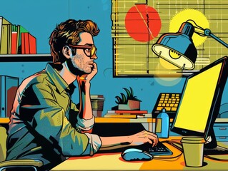 Working at a desk, dynamic angles and vivid colors, pop art comic, highlighting concentration