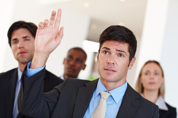 Business, training and man with question in seminar from audience or confused by presentation. Faq,...
