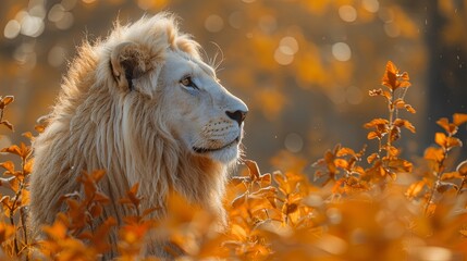 A majestic, handsome white lion with a flowing mane stands proudly, exuding strength, grace, and royal presence in a wild, natural landscape. Generated by AI.