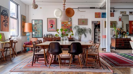 An eclectic dining space filled with personality and charm, featuring an eclectic mix of vintage furniture and quirky decor. - obrazy, fototapety, plakaty
