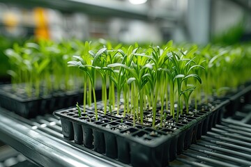 A close-up shot of green grass seedlings growing in a black plastic tray in a laboratory