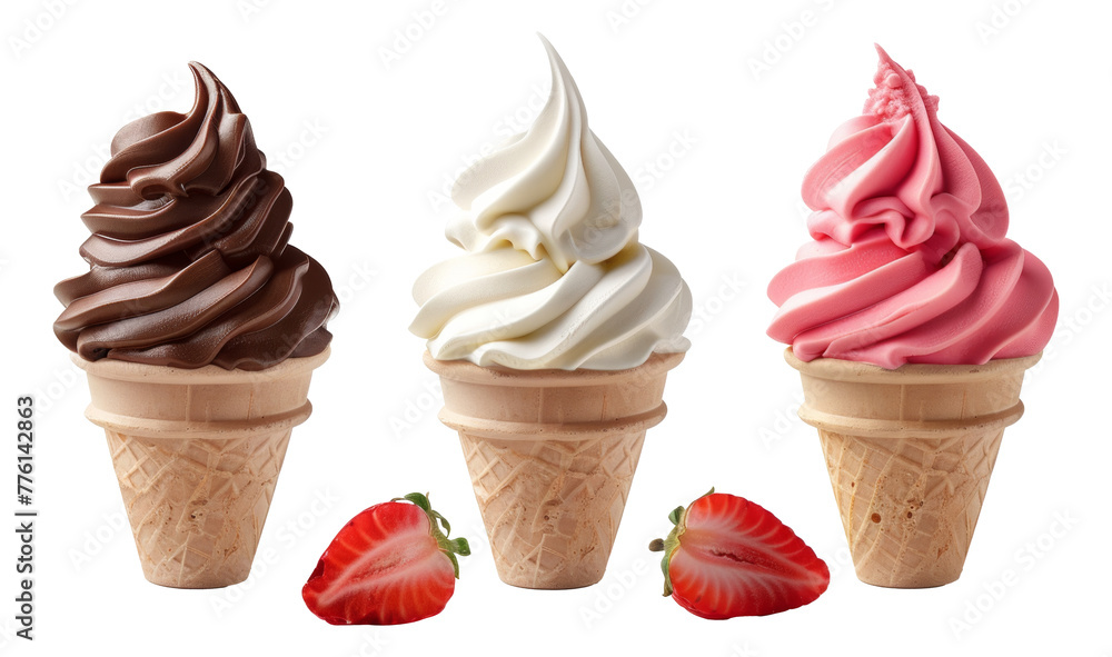 Poster strawberry swirl soft serve ice cream cone isolated on transparent background