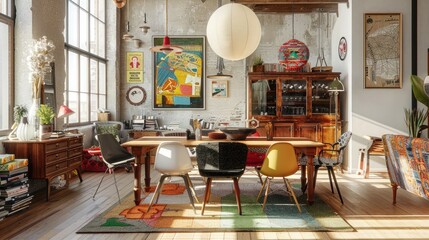 An eclectic dining space filled with personality and charm, featuring an eclectic mix of vintage furniture and quirky decor. - obrazy, fototapety, plakaty