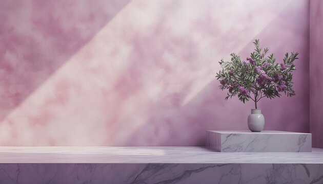 A beautiful abstract modern light lilac backdrop for a product presentation with a smooth pnik marble floor