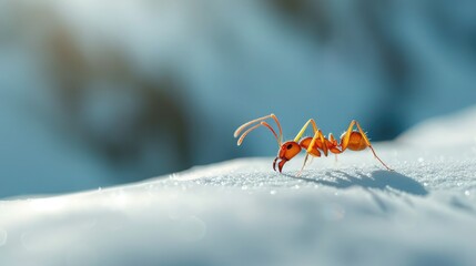 an ant as it traverses a smooth white surface, its tiny legs and segmented body standing out against the pristine background.