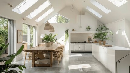 Fototapeta premium An airy and bright dining space with vaulted ceilings and large skylights, showcasing a Scandinavian-inspired design aesthetic.