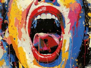 An abstract pop art depiction of a mouth wide open, layered with dynamic splatters and streaks of vibrant paint, capturing raw expression.