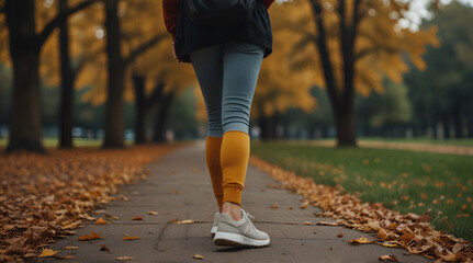 Back view of close-up of a woman's leg walking in autumn park,she have sports cloths, instagram style.generative.ai - obrazy, fototapety, plakaty