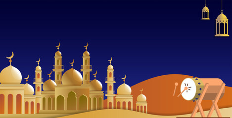 happy eid background with islamic mosque in the night