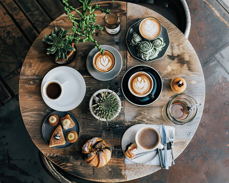 High angle of a round table with various gourmet coffees, pastries on the side, perfect for a social post, text overlay
