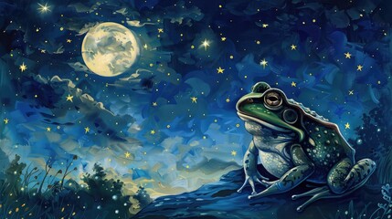 Against the backdrop of a starry night sky, a frog serenades the moon with its melodic croaks, a nocturnal symphony echoing through the darkness. - obrazy, fototapety, plakaty