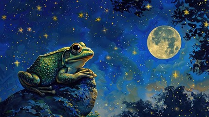 Against the backdrop of a starry night sky, a frog serenades the moon with its melodic croaks, a nocturnal symphony echoing through the darkness. - obrazy, fototapety, plakaty