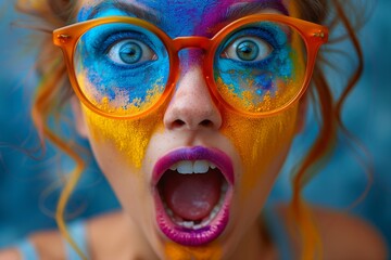 Colorful painted face in amazement - obrazy, fototapety, plakaty