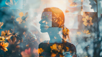 Artistic Double Exposure of Woman and Wildflowers, Creative Portrait Concept - obrazy, fototapety, plakaty