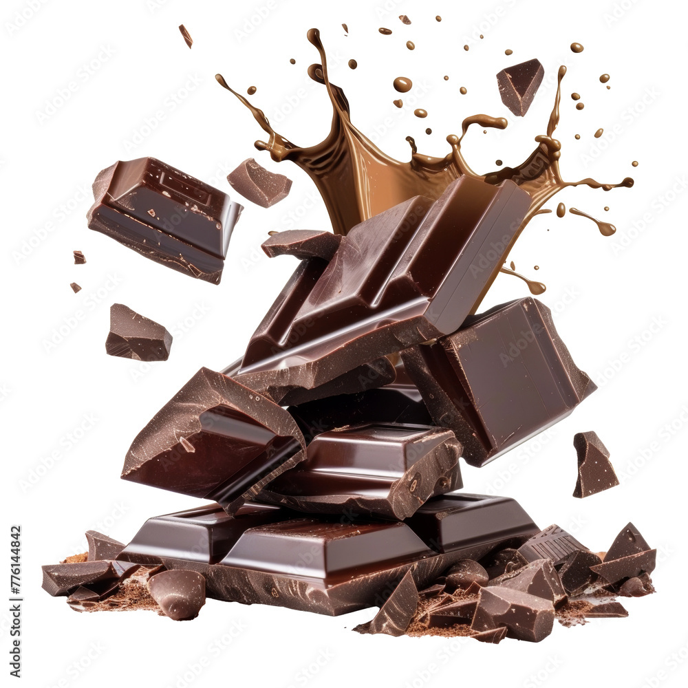 Poster splashing chocolate with broken pieces isolated on transparent background