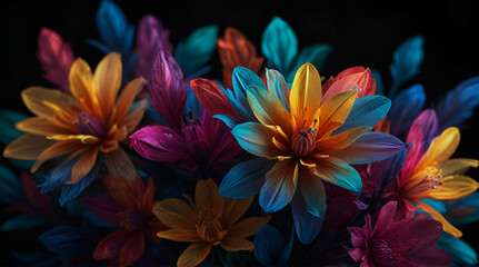 Fototapeta na wymiar Colorful flower in neon colors on black background. Abstract multicolor floral backdrop.Magic fantasy flower.generative.ai