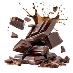 Splashing chocolate with broken pieces isolated on transparent background