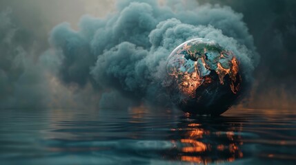 A globe suspended in water, radiant and alive, yet marked by the smoke of warminga  a visual paradox - obrazy, fototapety, plakaty