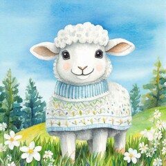 Namalowana owieczka w swetrze na łące  - obrazy, fototapety, plakaty