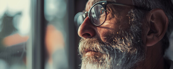 Elderly man contemplating while looking out the window. - obrazy, fototapety, plakaty