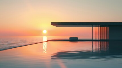 Modern architectural marvel, infinity pool blending with the sea at sunset, sleek lines and reflective surfaces enhancing the tranquility