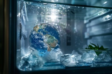 A playful scene of the Earth cooling off in a refrigerators ice maker, ready to be dropped into a summer drink, under a glow of fridge light