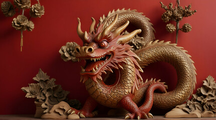 Dragon on a red background. Wooden dragon. Chinese New Year. background.generative.ai
