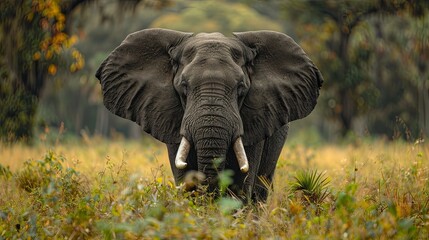 an African elephant, sharp eyes, long trunk, long ears, long tusks, green field, stand-alone
