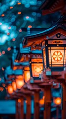 Japanese festival lanterns, glowing with lines of code, festive and bright atmosphere - obrazy, fototapety, plakaty