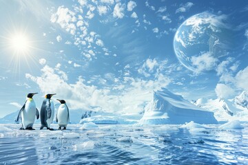 The Earth placed at the South Pole, with a colony of vividly colored penguins on a bright, sunny day, icebergs gleaming in the background