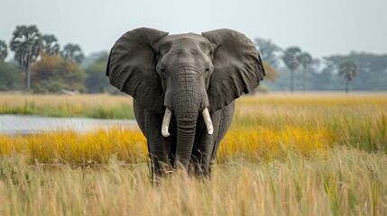 an African elephant, sharp eyes, long trunk, long ears, long tusks, green field, stand-alone